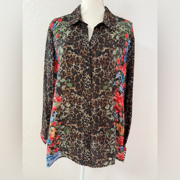 JOHN MARK Multicolor Animal Floral Button Tunic Blouse Rayón Nylon Long Sleeve - Picture 2 of 9